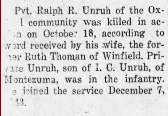 Ralph Unruh Obit 2 Winfield Record 1944