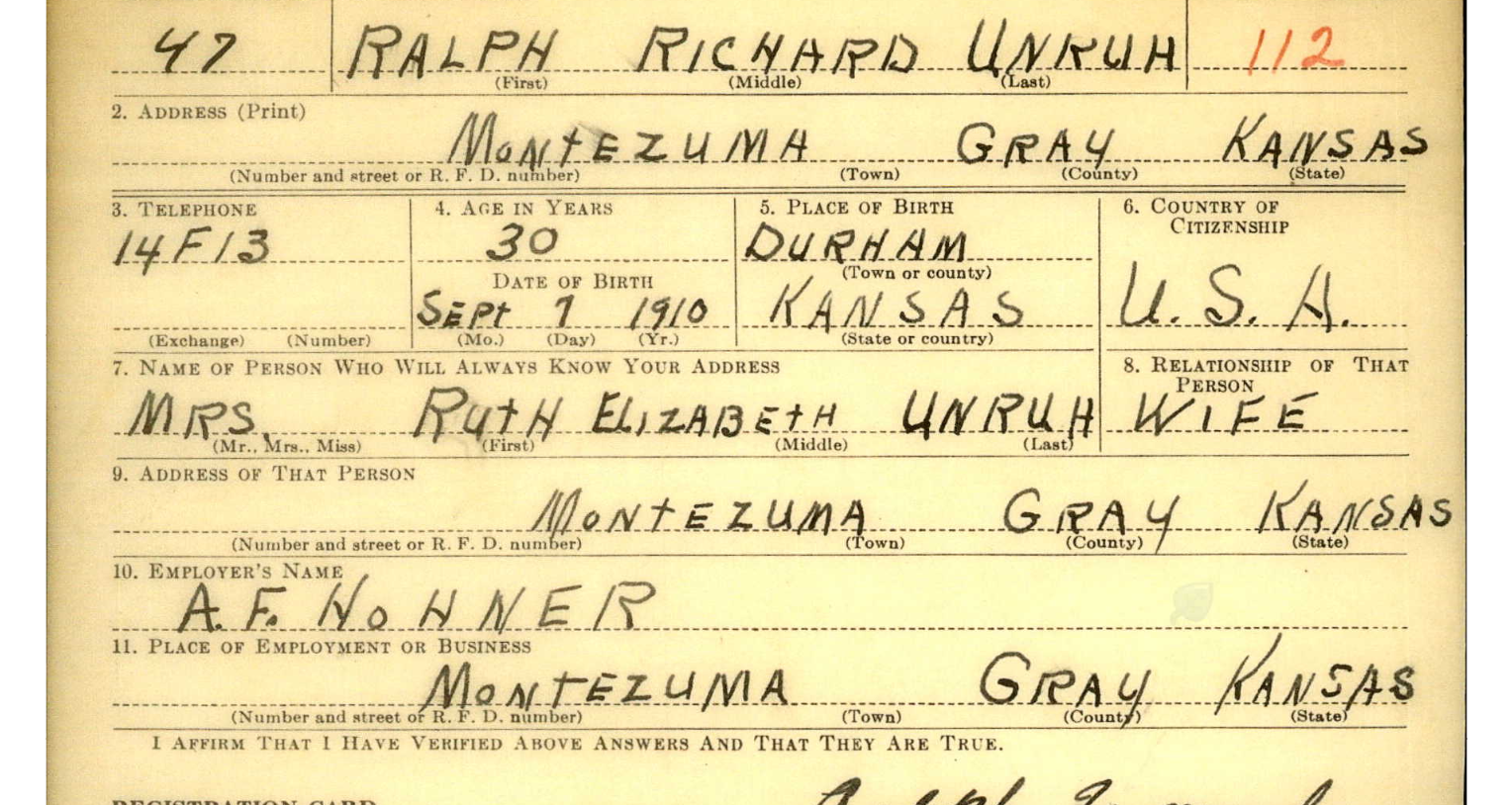 Ralph Unruh registration card