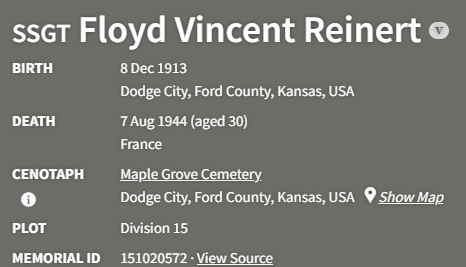 S/SGT Reinert Headstone in Maple Grove Cemetery Dodge City, KS