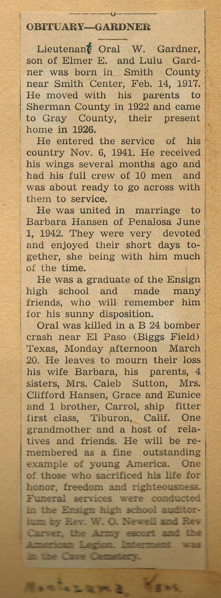 Lt. Oral W. Gardner Obit