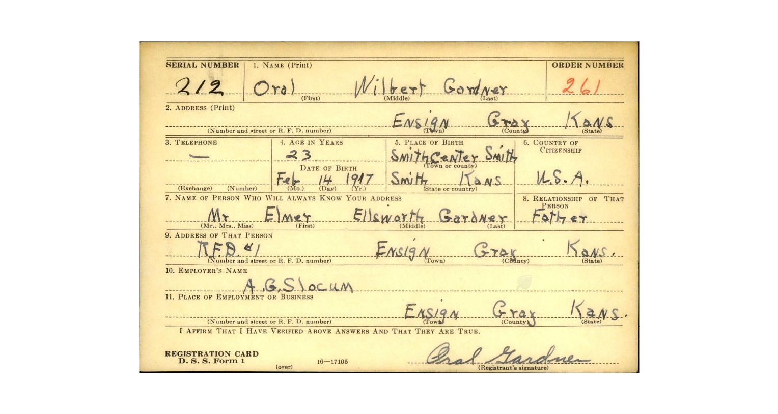 Lt. Oral W. Gardner Registration Card