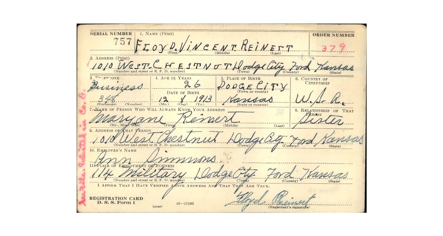 S/SGT Floyd V. Reinert Registration Card