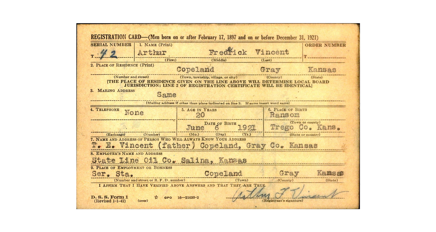 Arthur F. Vincent Registration Card