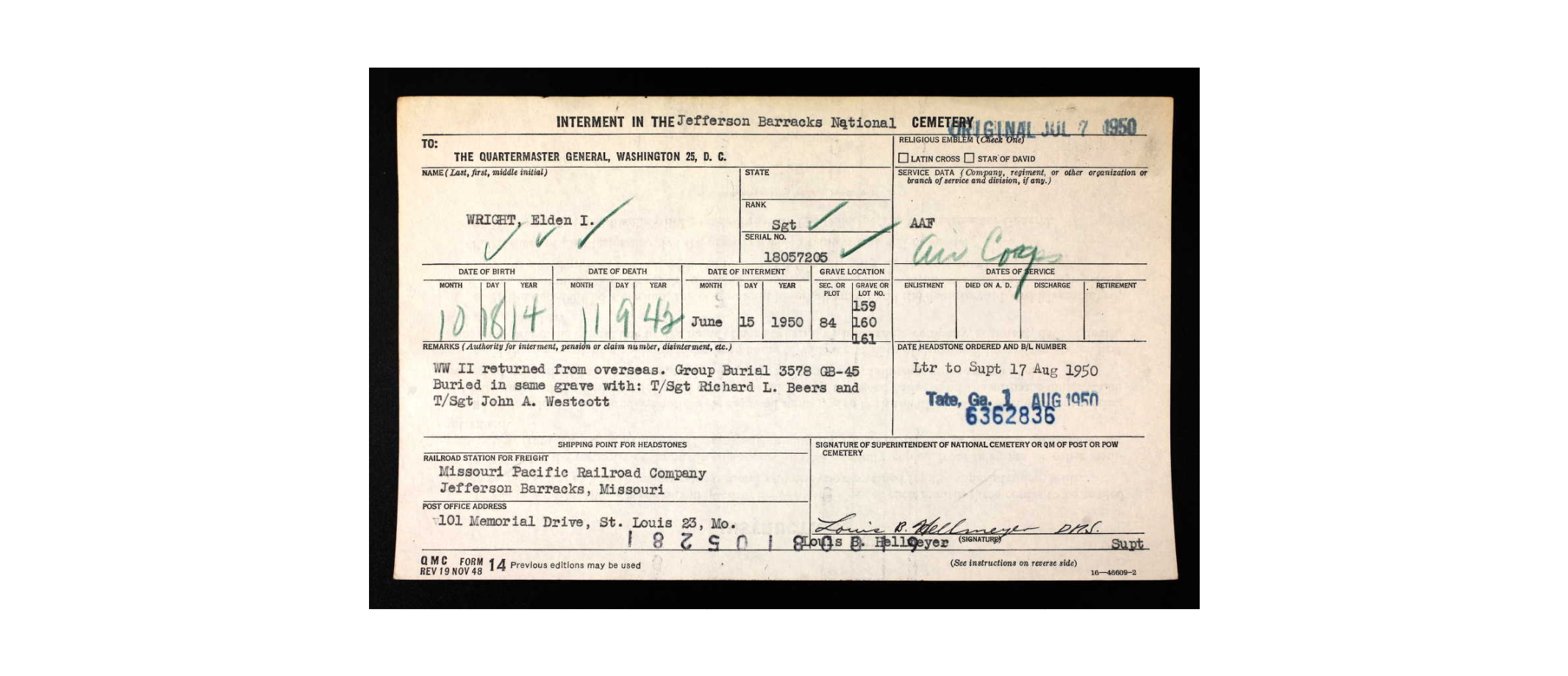 SGT Elden Wright Internment Form